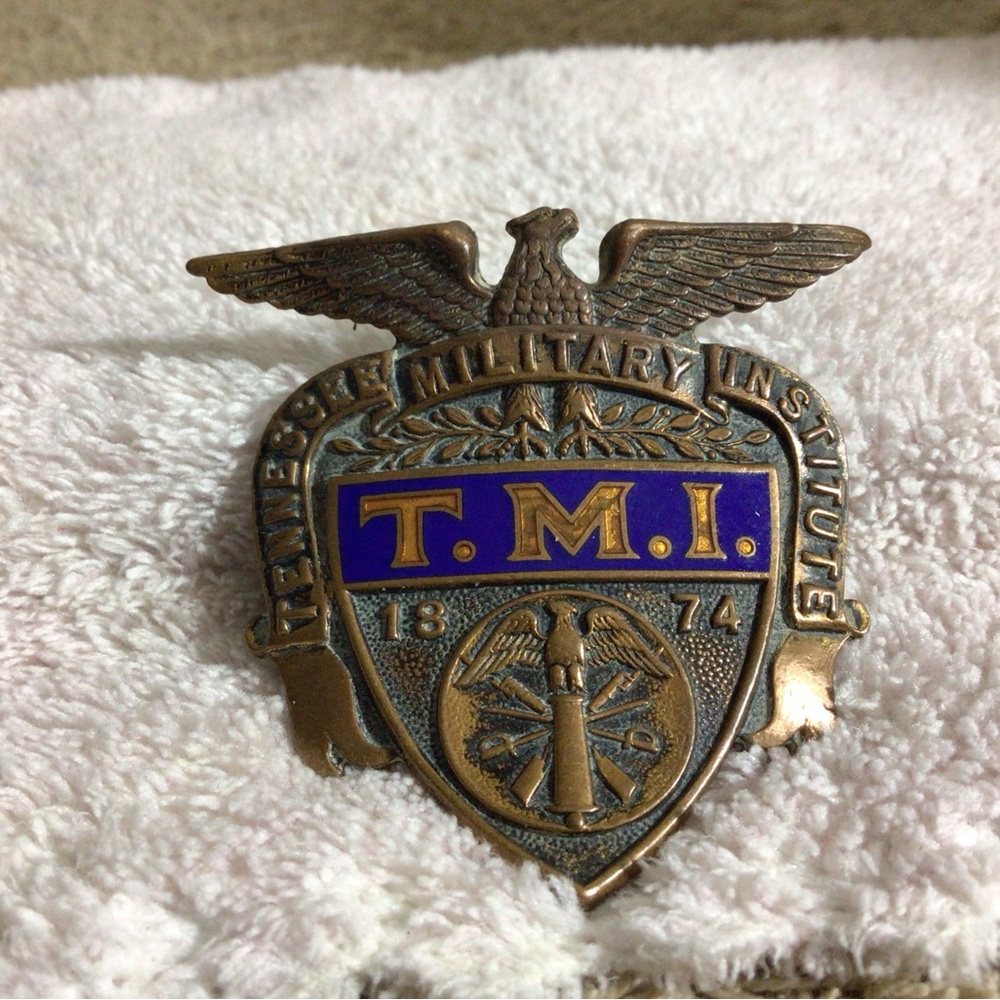 T.M.I. Military Institute Brass Eagle Shield Pin - Blue & Brass - Picture 3 of 15